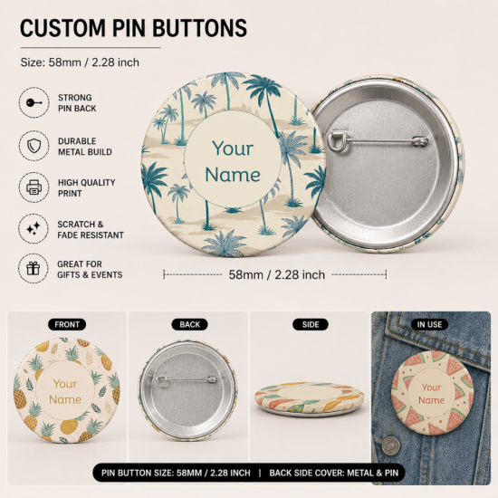 Custom Nama Pin Button Motif Summer Pattern Size 58mm Custom Nama Pin Button Motif Summer Pattern Size 58mm